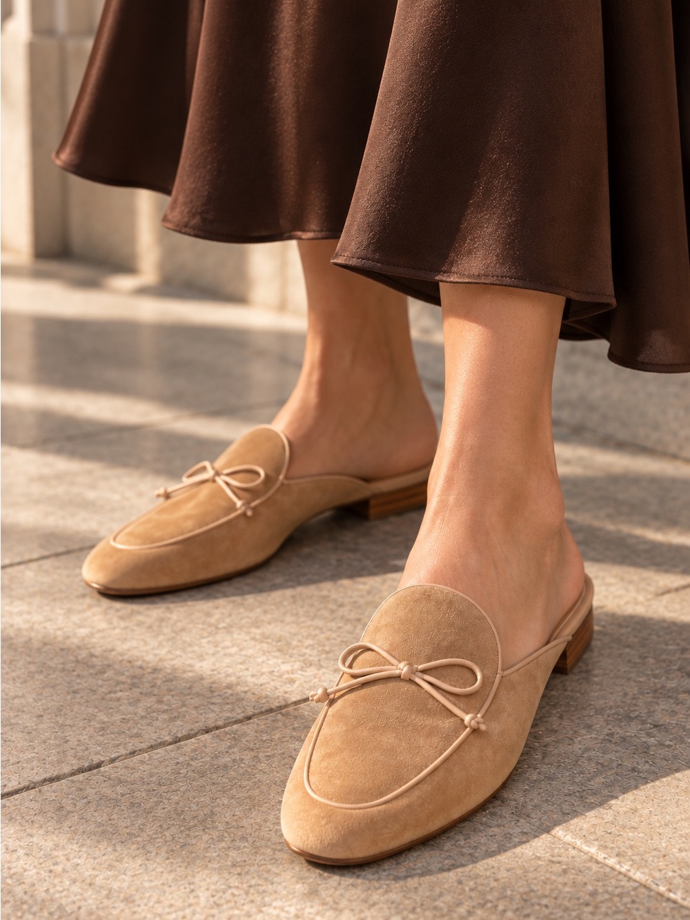 Kate Spade Devi Suede Bow Mules Size 9.5 Tan Beige Slip On Flats